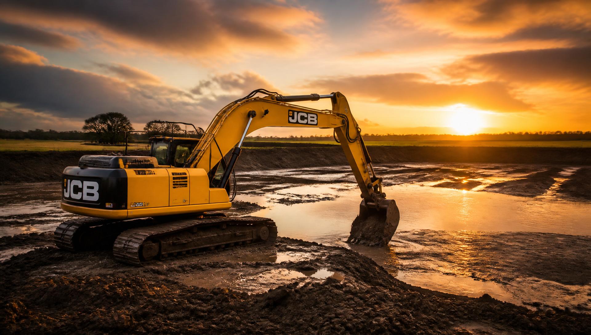 Koparka JCB kopiąca staw retencyjny na polu